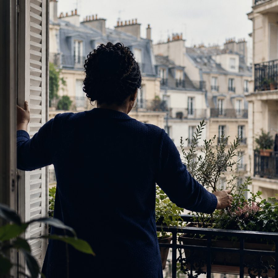 Une personne sur son balcon le matin