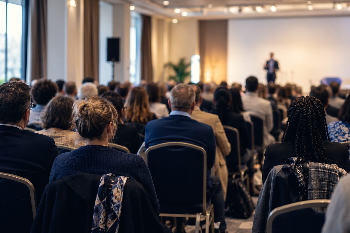 Une salle de conférence vue du fond, le public de dos