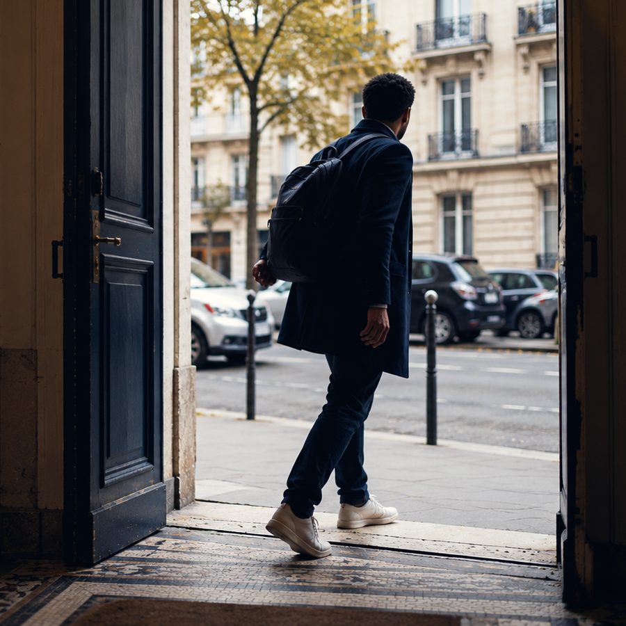 Un homme sort d’un immeuble vers la rue