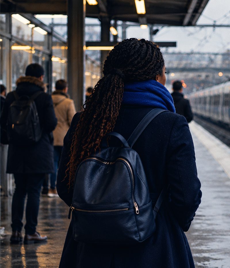 Une femme sur un quai de gare, vue de dos