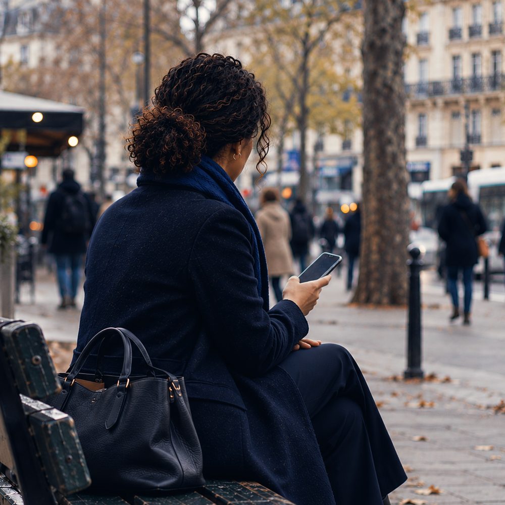 Une femme sur un banc, son portable en main
