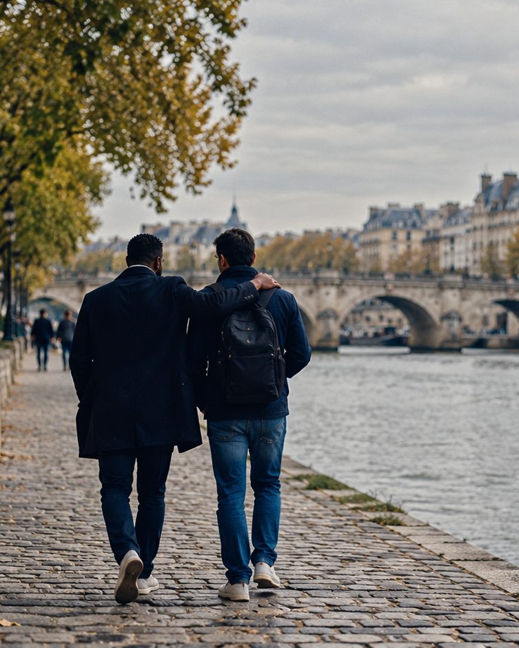 Deux amis marchent côte à côte le long de la Seine