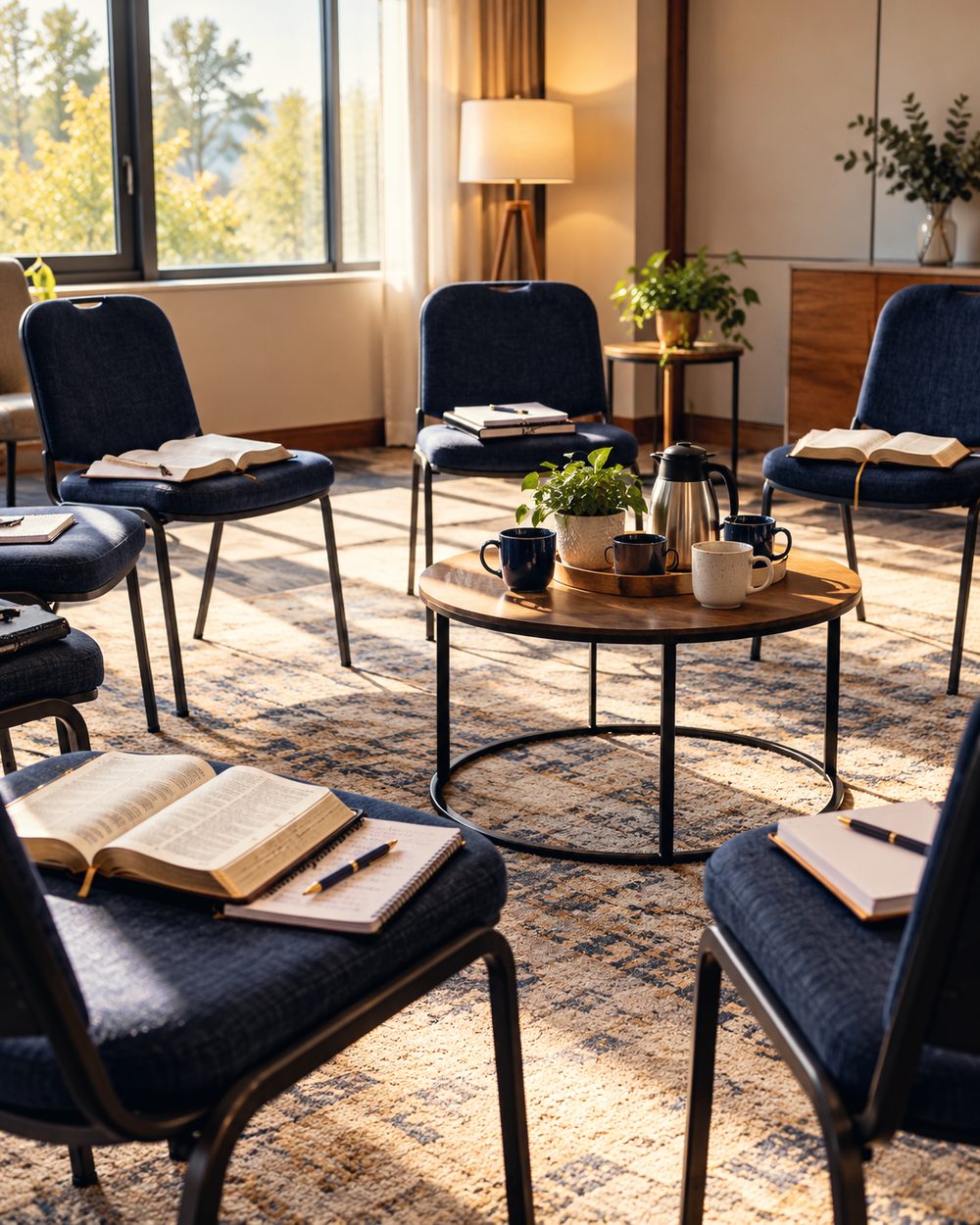Chaises en cercle avec Bibles et cahiers, prêtes pour une rencontre