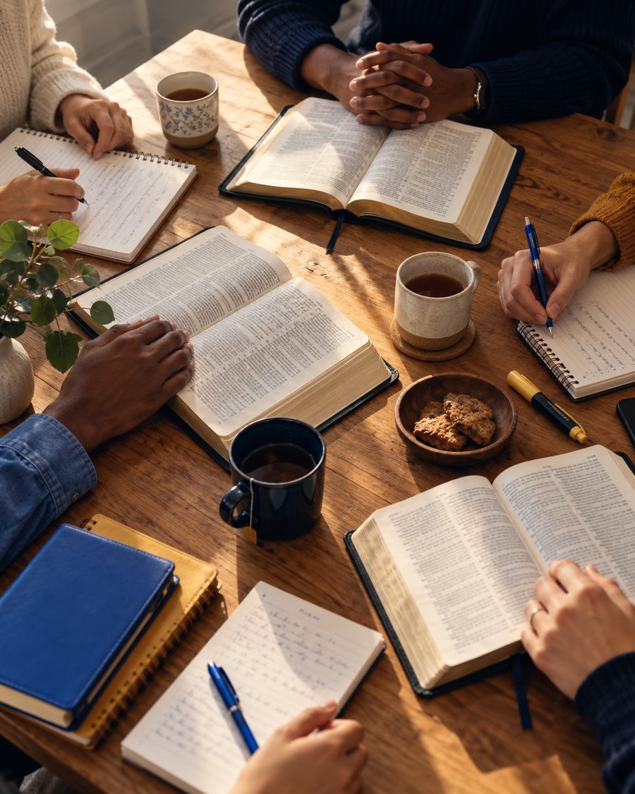 Bibles ouvertes et cahiers autour d’une table d’étude