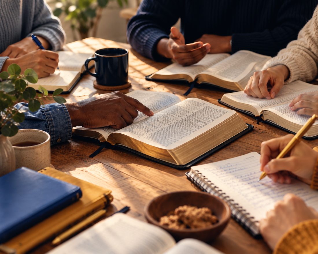 Bibles ouvertes, cahiers et tasses autour d’une table d’étude